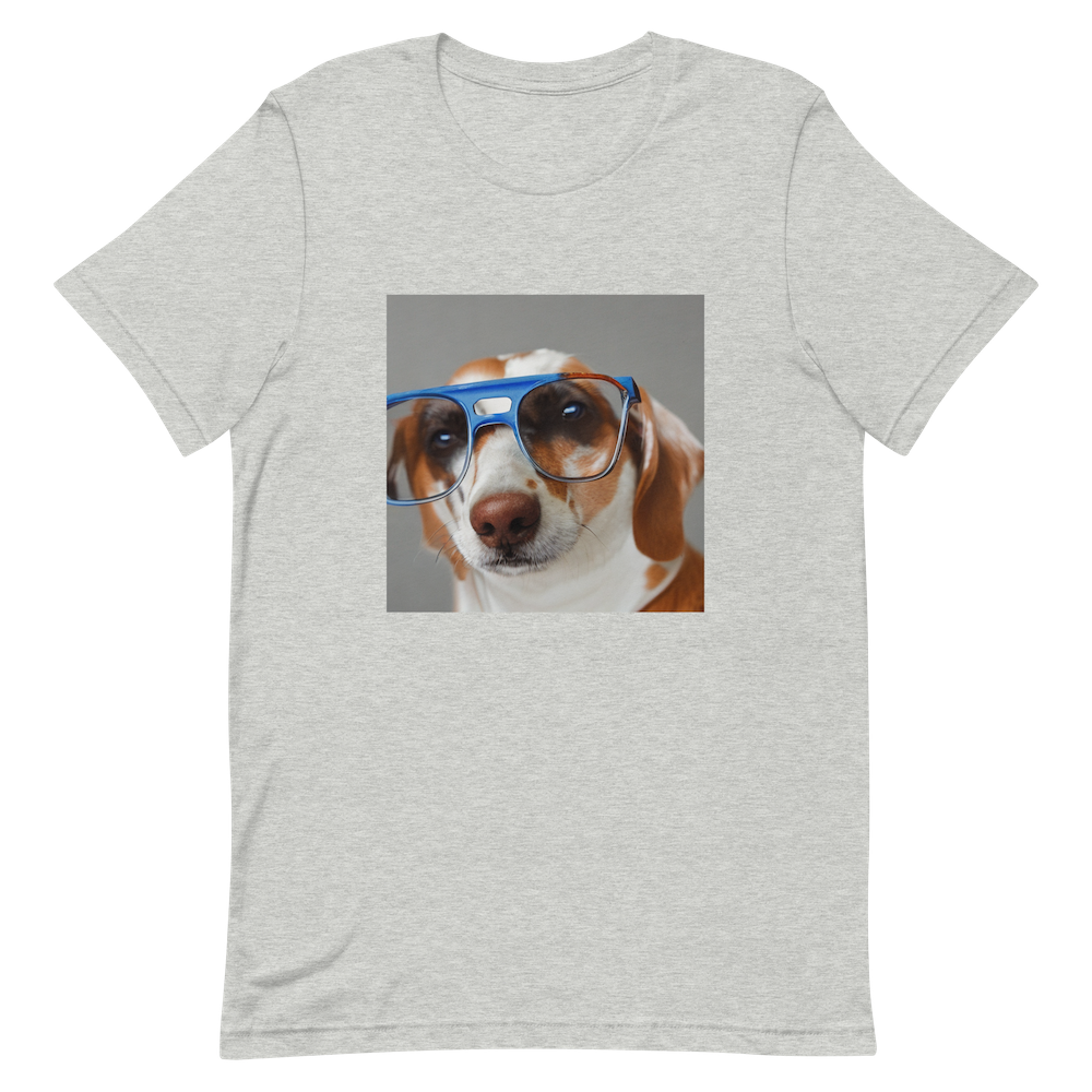 an image of A photo of a dog wearing glasses on a T-Shirt